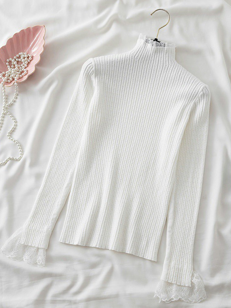 Mock Neck Long Sleeves Knit Top with Lace Details