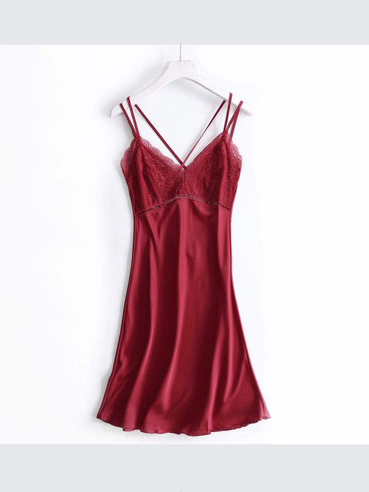 Shop Shiny Eyelash Lace Trim Satin Slip Dress Red / L / LACE+SATIN Shop Shiny Eyelash Lace Trim Satin Slip Dress Red / L / LACE+SATIN