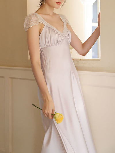 Purple Loose Midi Cap Sleeves Nightgown