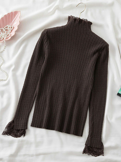 Mock Neck Long Sleeves Knit Top with Lace Details