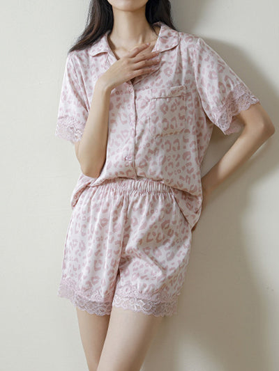 Short Pink Leopard Print Lace-Trim Pajama Set