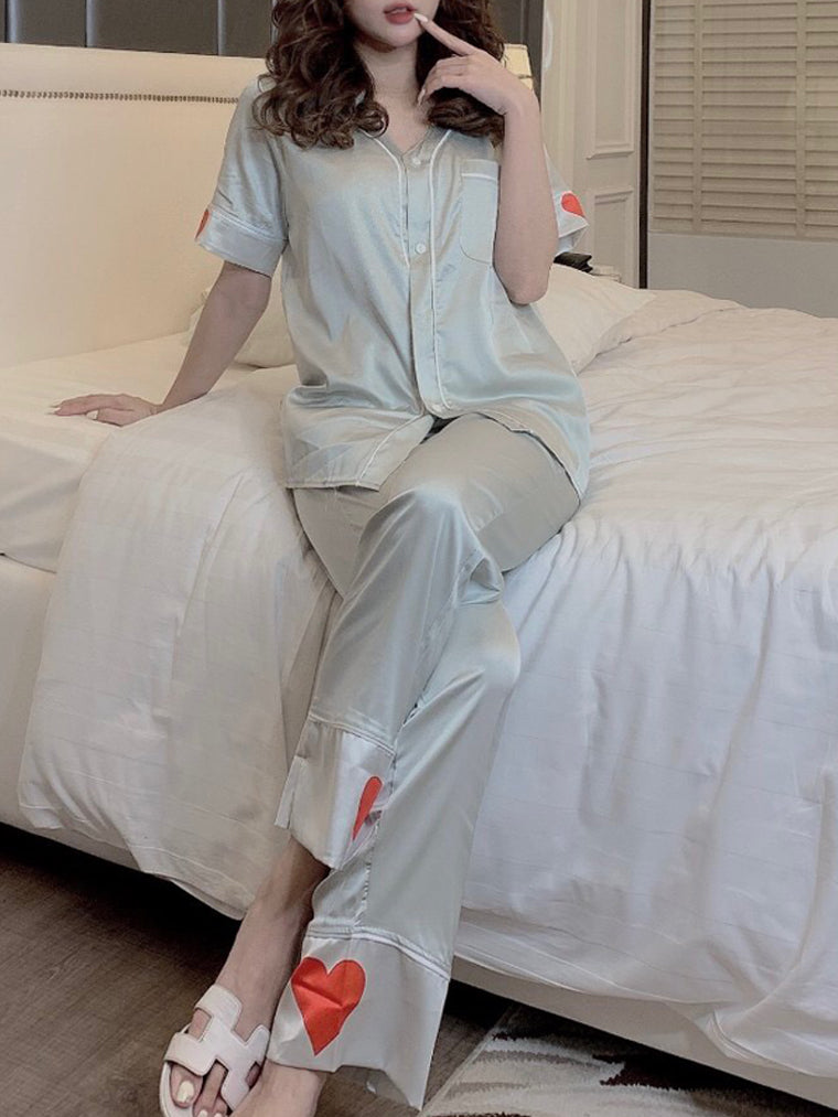 Women's Sleepwear Mint Green V-Neck Heart Prints Pajama Set
