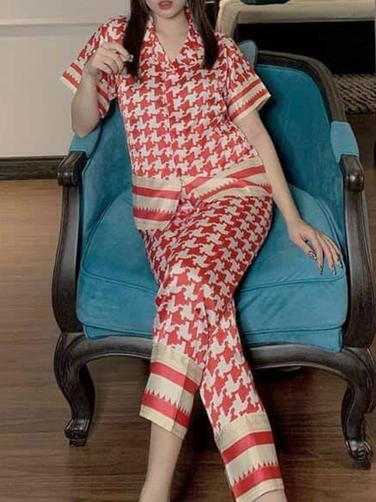 Women's Comfortable satin silk red houndstooth stripes pajama set pajama top pajama bottoms loungewear